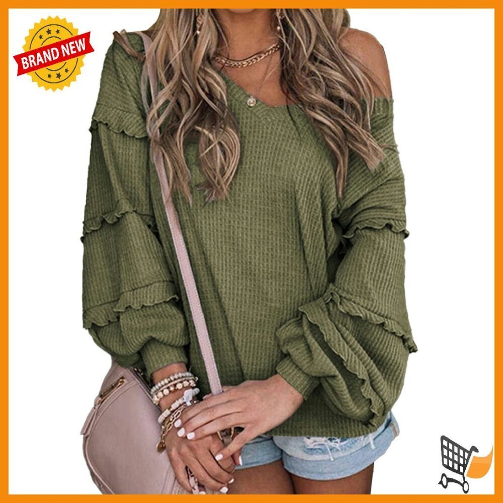 Women's V-Neck Long Sleeve Waffle Knit Tunic with Ruffles Off-Shoulder